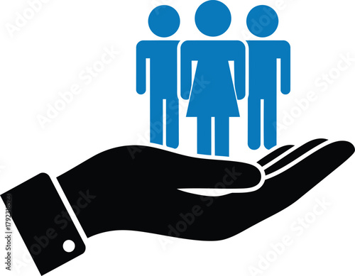 Hand Holding Blue Stick Figures Representing Diversity Inclusion and Protection within Community or Organization Promoting Social Responsibility and Safety Nets