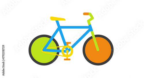A colorful bicycle with a blue frame and green and orange wheels is depicted.