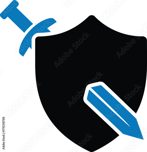 Shield and Sword Representing Security and Defense With Blue and Black Colors Emblem Sign Strength Authority Graphic Resource Symbol Protection Guard