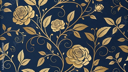 Elegant gold roses and leaves on a deep navy blue background seamless pattern