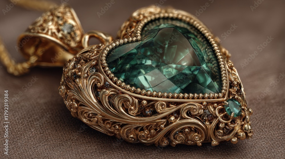 Obraz premium Ornate gold heart pendant featuring a green gemstone resting on a stone surface
