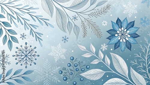 Elegant winter nature pattern with snowflakes and frosty leaves
