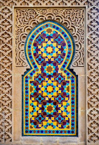 Colorful Moroccan-style mosaic from the Hassan II Mosque in Casablanca. Part of traditional Moroccan architecture.