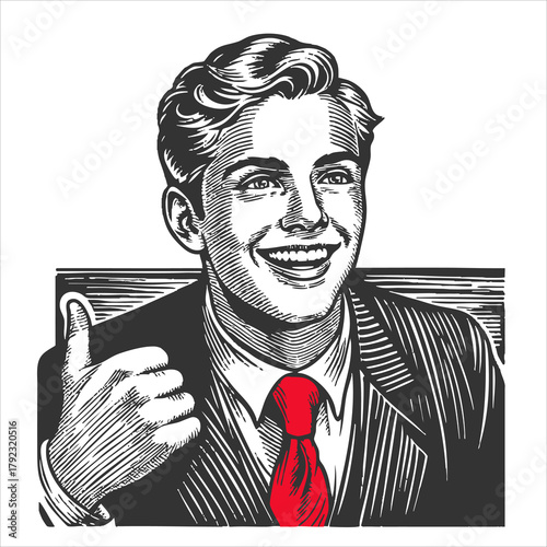 cheerful young man in a suit with a red tie, showing a thumbs up gesture sketch engraving generative ai fictional character vector illustration. Scratch board imitation. Black and white image.
