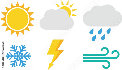 A collection of weather icons depicting sun, clouds, rain, snow, lightning, and wind.