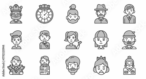 A grid of fifteen stylized grayscale icon portraits of diverse characters and objects