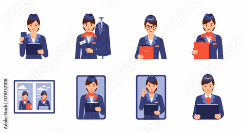 Eight illustrations of female flight attendants in blue uniforms with various accessories