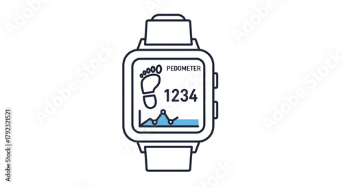 A digital smartwatch displays pedometer data with a footprint icon and a graph.