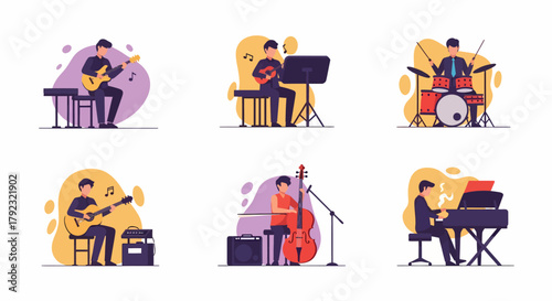 Six stylized musicians playing instruments guitar ukulele drums acoustic guitar cello and piano