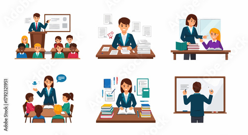 Six vignettes depicting educators teaching grading and studying in various classroom and office settings