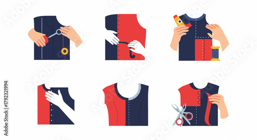 Sixpanel illustration showing steps for tailoring a twotone garment
