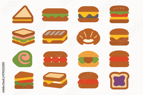 Variety of Sandwiches and Burgers in Flat Design
