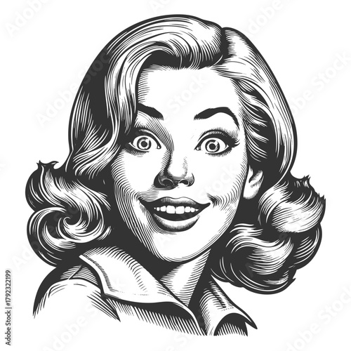 expressive woman with wide eyes and big smile, styled in retro comic or vintage pop art fashion sketch engraving generative ai fictional character vector illustration. Scratch board. Black and white.