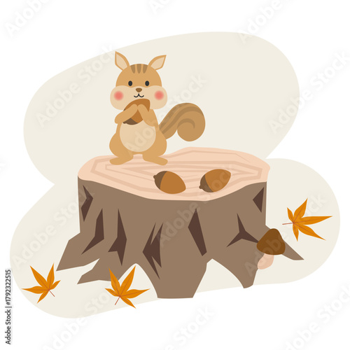 切り株の上のリスとどんぐりの秋イラスト