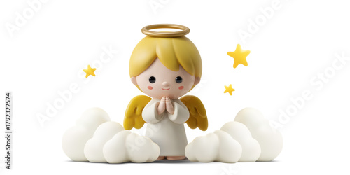 Adorable cartoon angel with golden halo and wings standing on soft white clouds, surrounded by glowing stars, sweet religious and Christmas character for kids designs, vector illustration