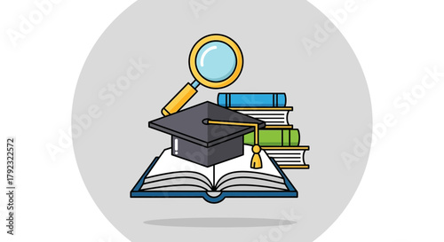 A graduation cap sits atop an open book with a magnifying glass nearby.