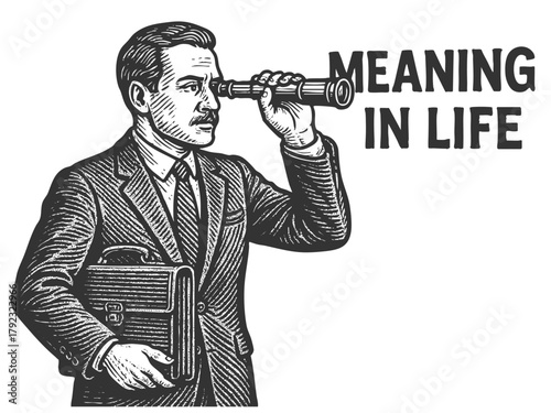 businessman looking for Meaning in Life, existential search sketch engraving generative ai fictional character vector illustration. Scratch board imitation. Black and white image.