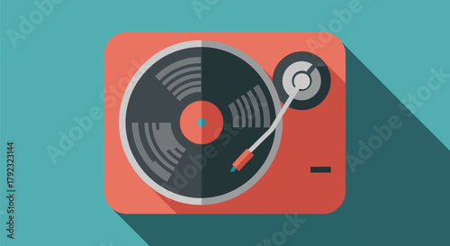 A flat design illustration of a vintage record player with a dark vinyl disc.