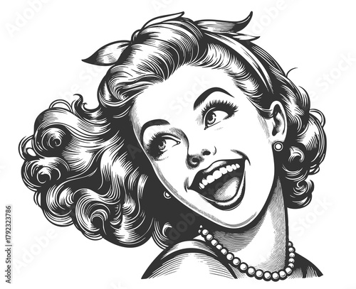 joyful woman with curly hair, pearl necklace, and expressive face in retro comic style sketch engraving generative ai fictional character vector illustration. Scratch board imitation. Black and white.
