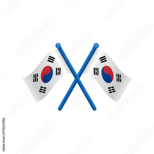 Crossed south korea national waving flags, isolated vector illustration