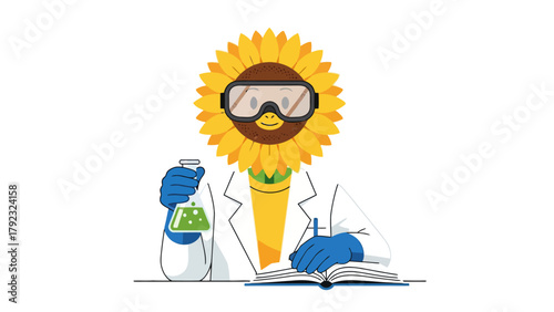 A cartoon sunflower wearing goggles and a lab coat holds a flask