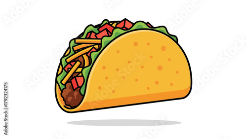 A cartoon taco filled with ground meat lettuce tomatoes and french fries