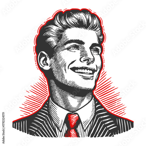 smiling businessman in a suit and red tie sketch engraving generative ai fictional character vector illustration. Scratch board imitation. Black and white image.