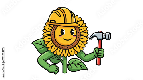 A cartoon sunflower wearing a hard hat holds a hammer