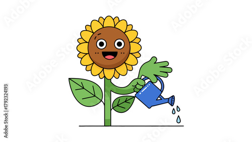 A cartoon sunflower with a face waters itself with a blue watering can
