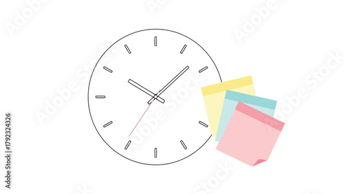 A clock with hands and three colorful sticky notes