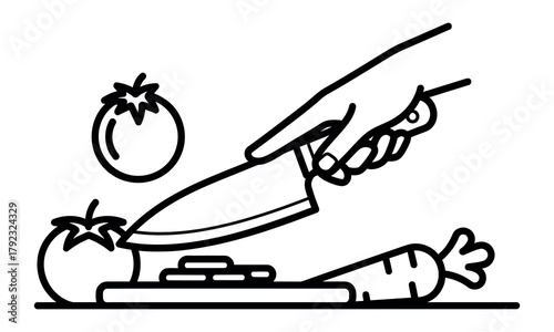 Minimalist hand holding chef knife over cutting board isolated on transparent background