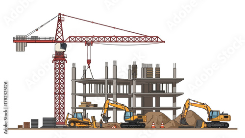 A construction site with a crane excavators and a building under construction