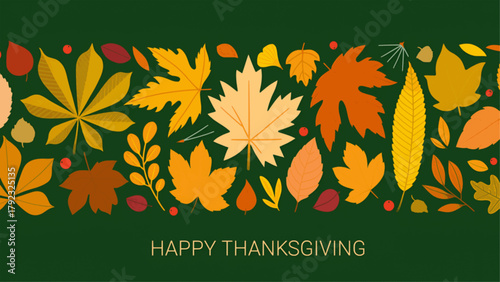 Happy Thanksgiving day vector, banner, card, printable with fall leaves background of autumn holiday clipart icons festive floral pattern, lettering on green background design for web, poster, textile