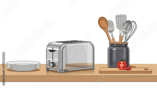 A countertop with a toaster plates cooking utensils in a jar and tomatoes