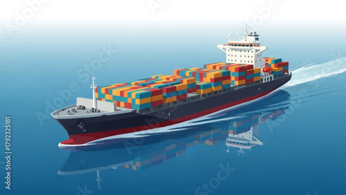 A container ship sails across a body of water leaving a wake