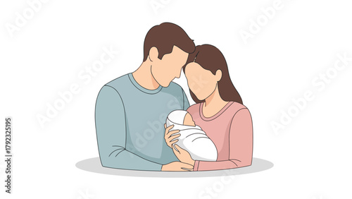 A couple embracing a baby wrapped in white cloth