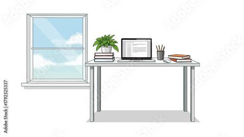 A desk with a laptop books and a plant next to a window