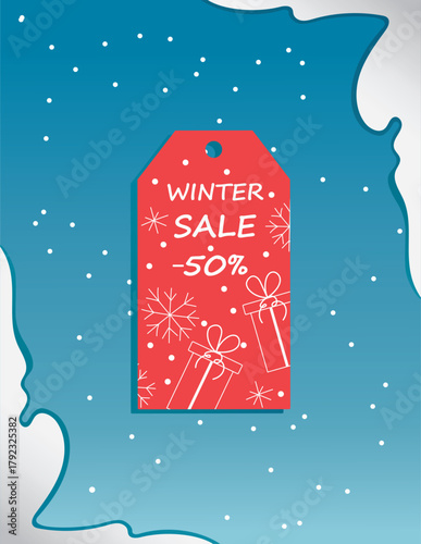 Winter background. Red price tag with white lettering reading WINTER SALE, 50 off.