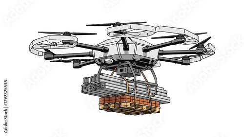 A drone carries a load of building materials on a pallet