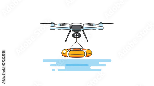 A drone carrying a life preserver over blue water