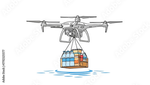 A drone delivers a package containing bottles and boxes