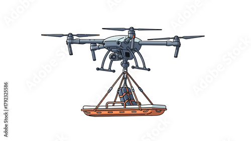 A drone carrying a medical stretcher and a package