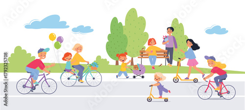 People Ride Bicycle and Scooter in Park Vector Illustration