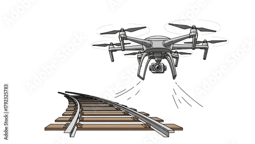 A drone hovers above a curved railway track