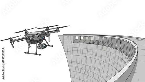A drone hovers near a curved concrete structure with windows
