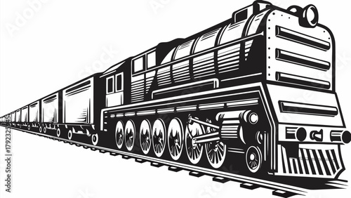 Dramatic vintage train engine hauling freight cars, a powerful symbol of industry and transportation