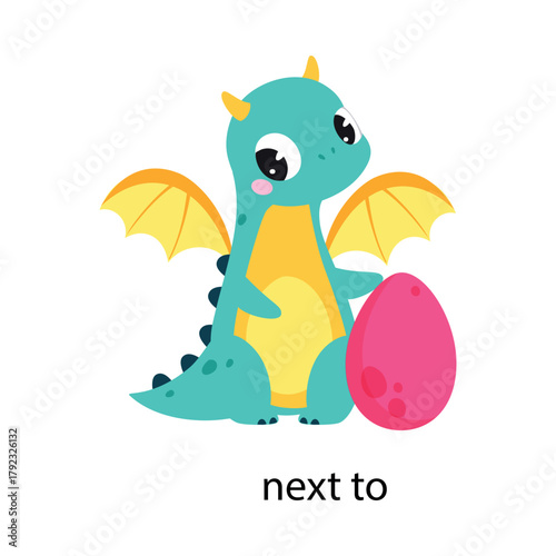 Prepositions with Cute Dragon Character Sit Next to Egg Vector Illustration