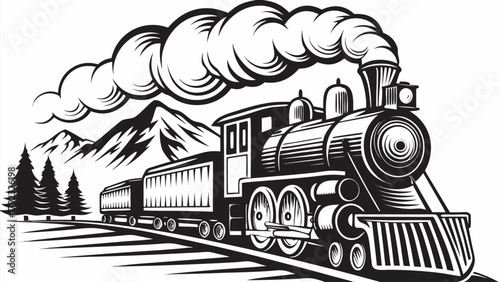 Vintage steam train chugs through scenic mountain landscape puffing smoke