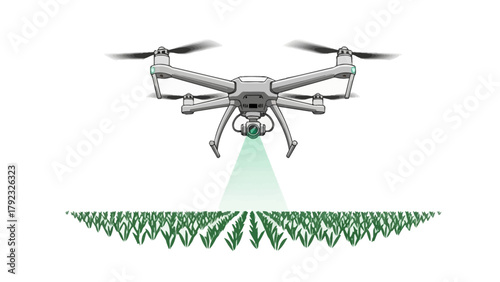 A drone hovers over a field of green plants projecting a light beam