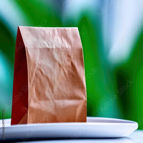 A brown paper bag stands upright on a white plate, set against a softly blurred background of green and blue hues.